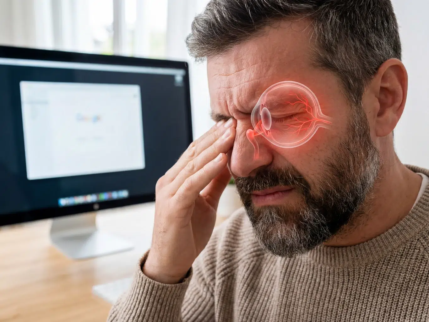 Man suffering from eye pain while working on computer