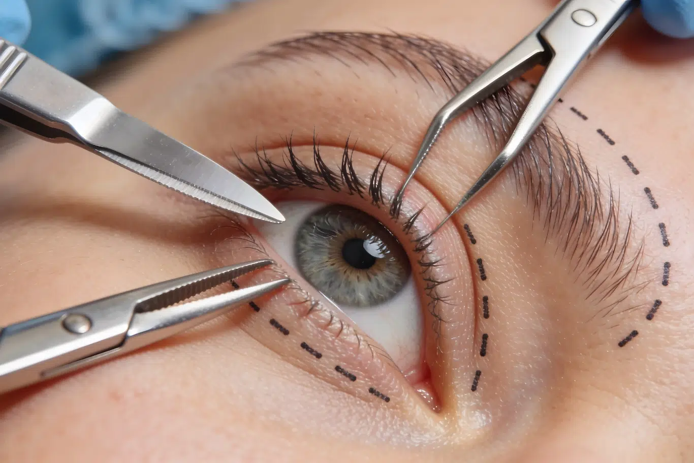 close up of a human eye with surgical instruments